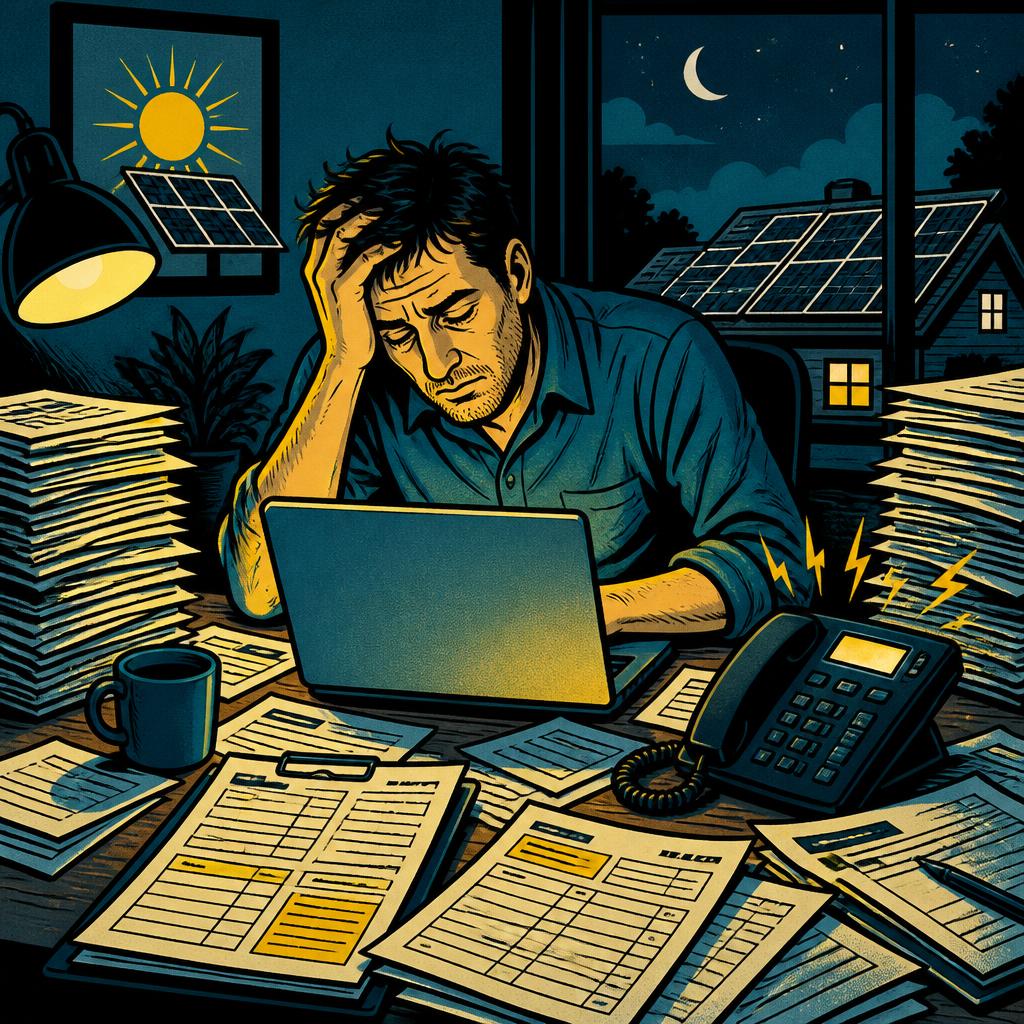 Comic-Illustration eines Solarunternehmers, der abends zwischen Angeboten, Formularen und klingelndem Telefon sitzt