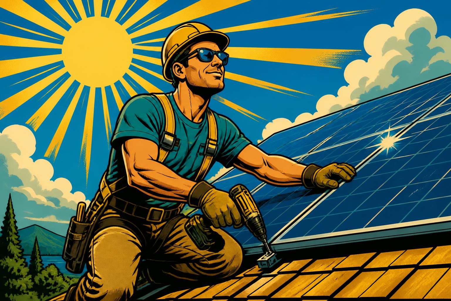 Comic-Illustration eines Solarmonteurs, der auf einem sonnigen Dach Photovoltaikmodule montiert