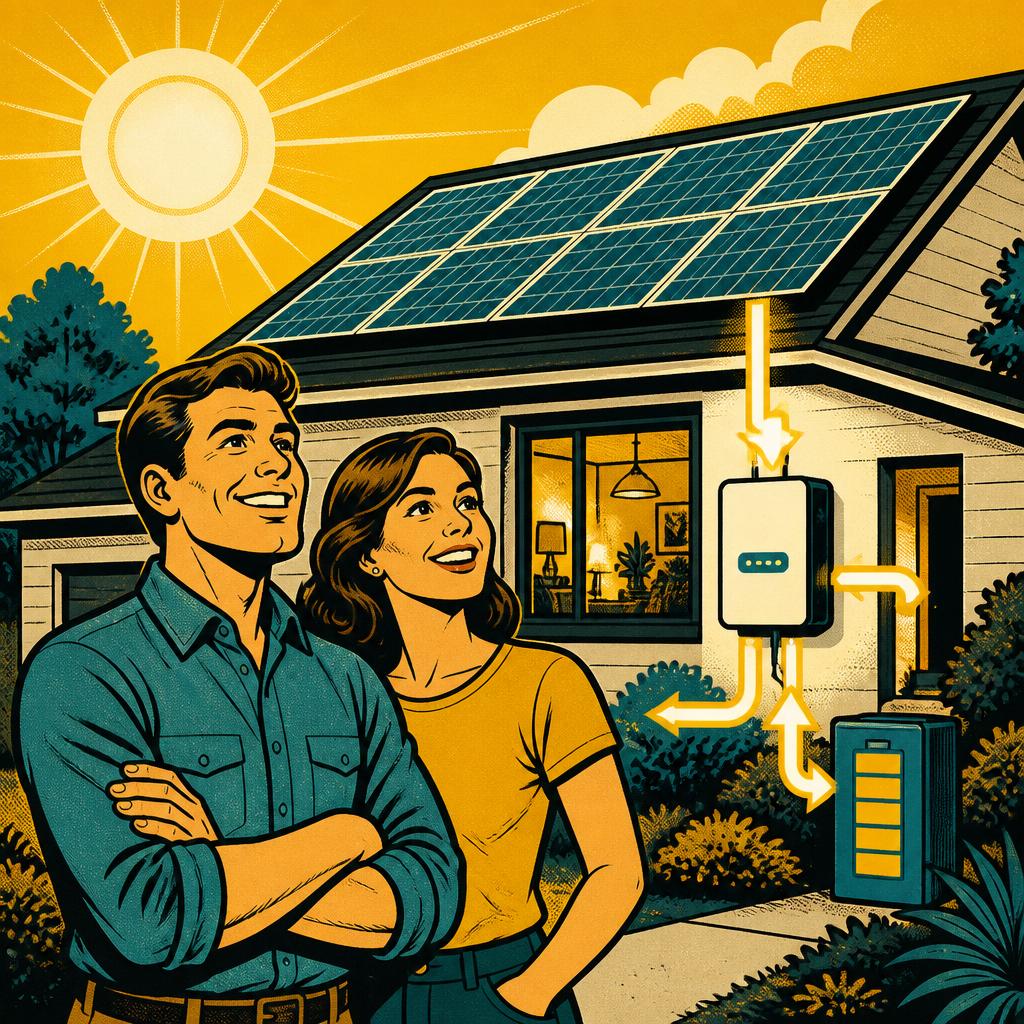 Comic-Illustration eines zufriedenen Hausbesitzerpaares vor dem eigenen Haus mit Photovoltaikanlage und Stromspeicher